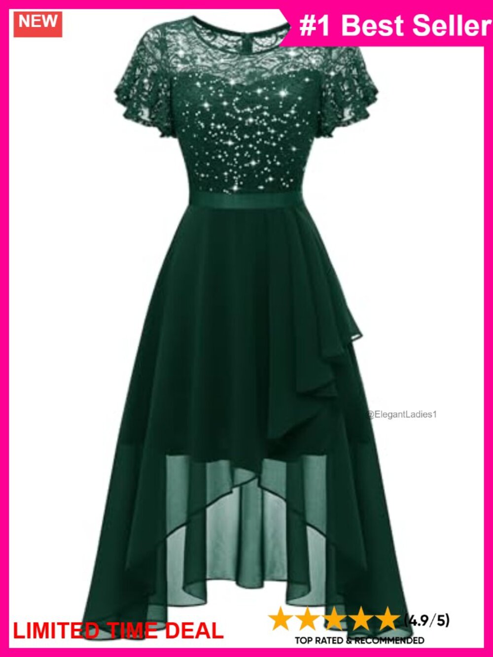 Sequin Lace Hi-Low Flutter Sleeve Formal Bridesmaid Dress